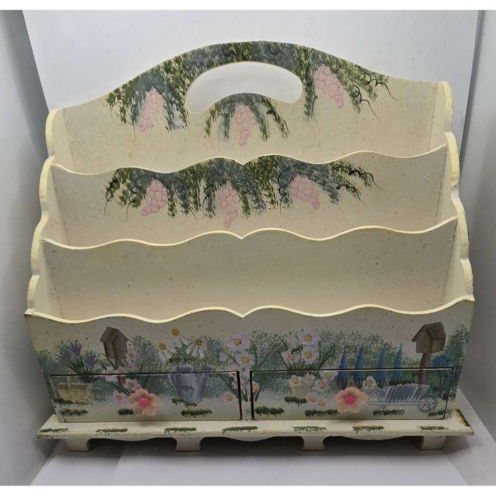 Vintage Floral Painted Wooden Letter Holder Organizer with Drawers